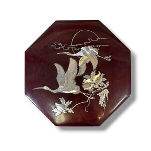Vintage Korean Octagonal Lacquer Box Mother of Pearl Inlay Birds Military Signed